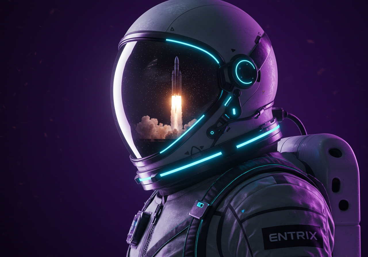 Astronauta futurista da ENTRIX representando inovação e crescimento empresarial