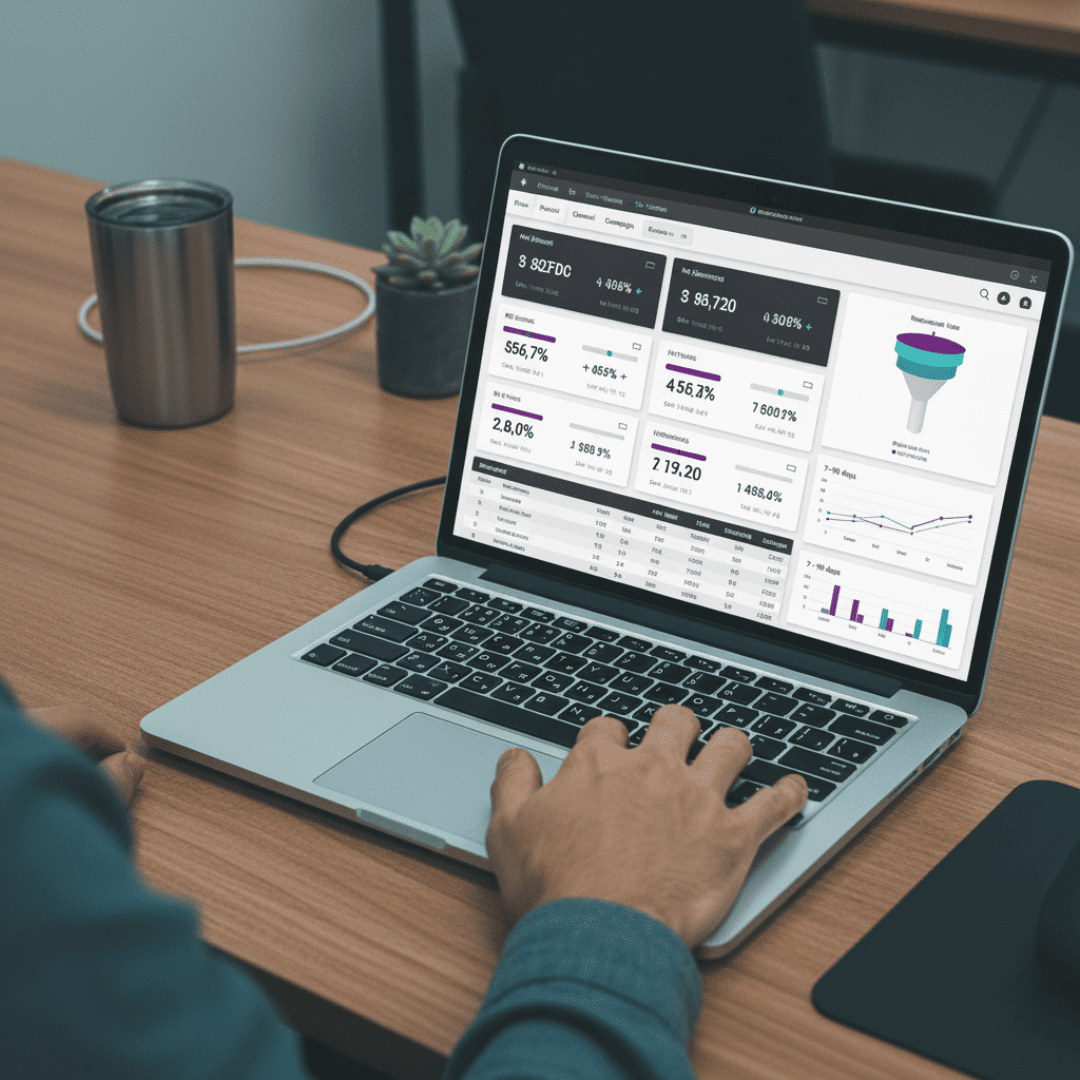 Diagnóstico - Laptop com dashboard de métricas e análise de dados